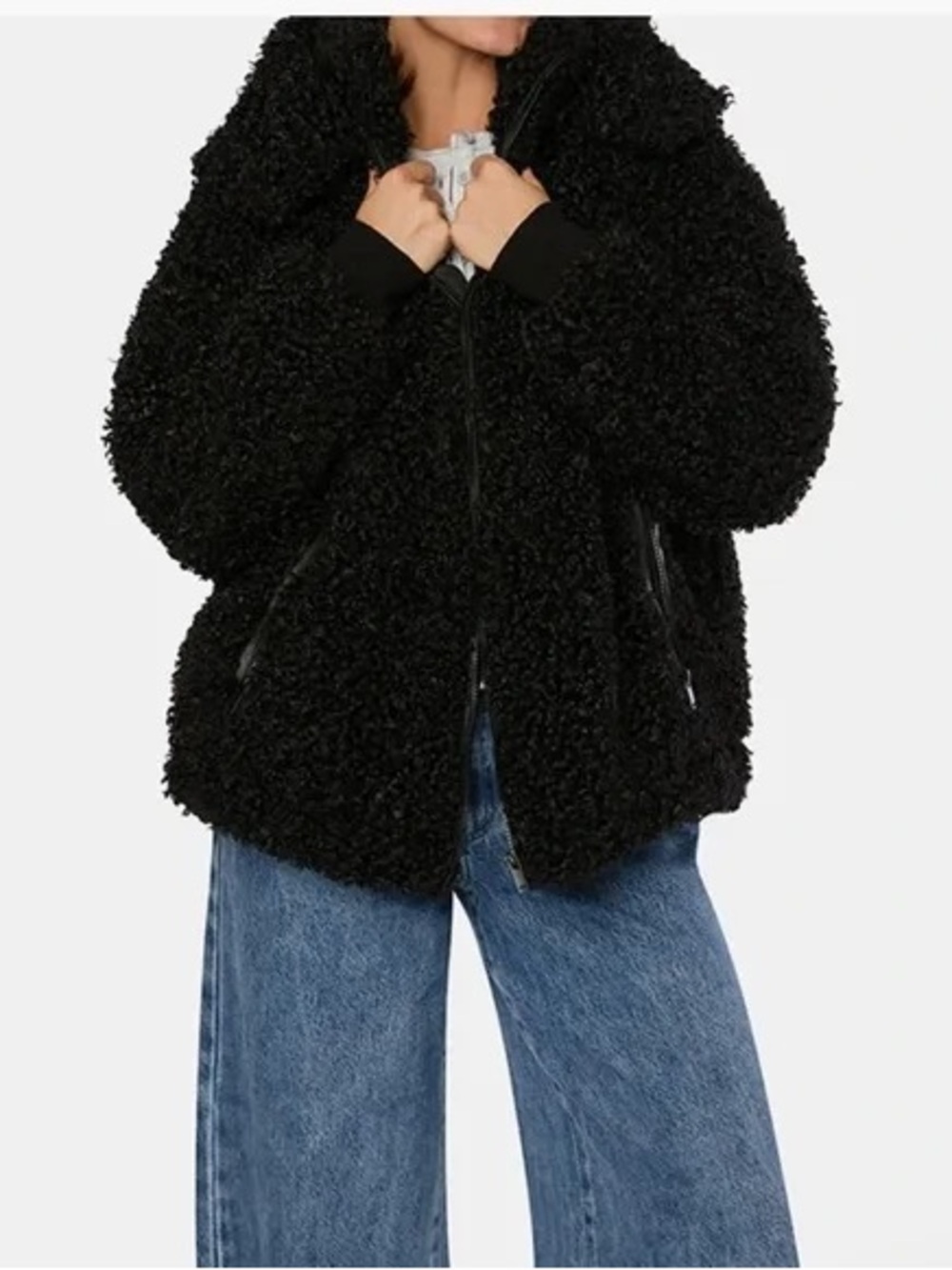 WeWoreWhat Black Faux Sherpa Zip-Up Jacket for Women NWT